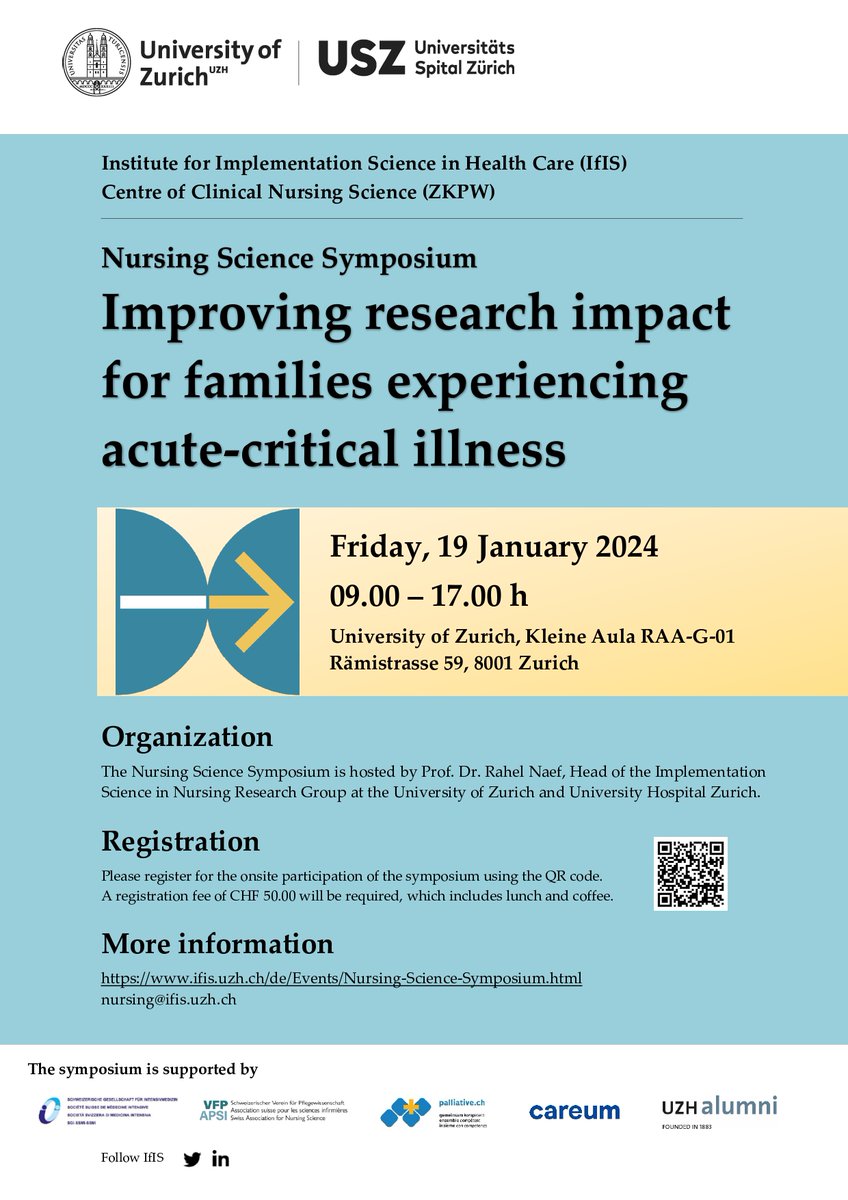 Dr. Nancy Kentish-Barnes will be a keynote speaker at the Nursing Science Symposium on 19 Jan 2024 and will present how a program of #intervention #research was built focusing on families’ experience in ICU and share methodological learnings. #register now ifis.uzh.ch/de/Events/Nurs…