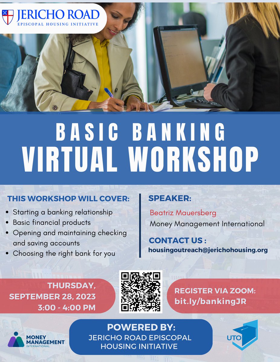 🌟 Join us this Thursday for Basic Banking Virtual Workshop! 

Scan QR code or visit bit.ly/bankingJR to register via Zoom. 

#FinancialLiteracy #HealthyBanking #GenerationalWealth #FreeWorkshop