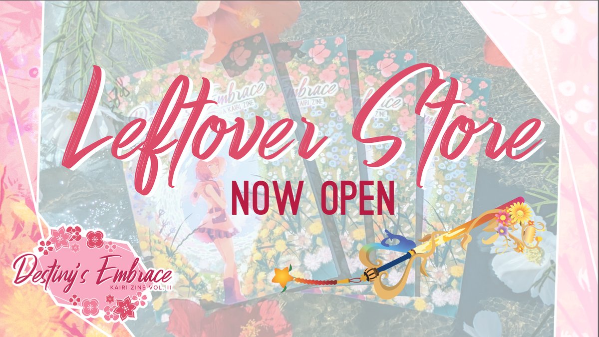 🌺 THE LEFTOVER STORE IS NOW OPEN 🌺 kairizine.bigcartel.com

The last of the Destiny's Embrace books and merchandise are available now! Supplies are highly limited.

The store closes on October 26th, 2023
#Kairi #KingdomHearts