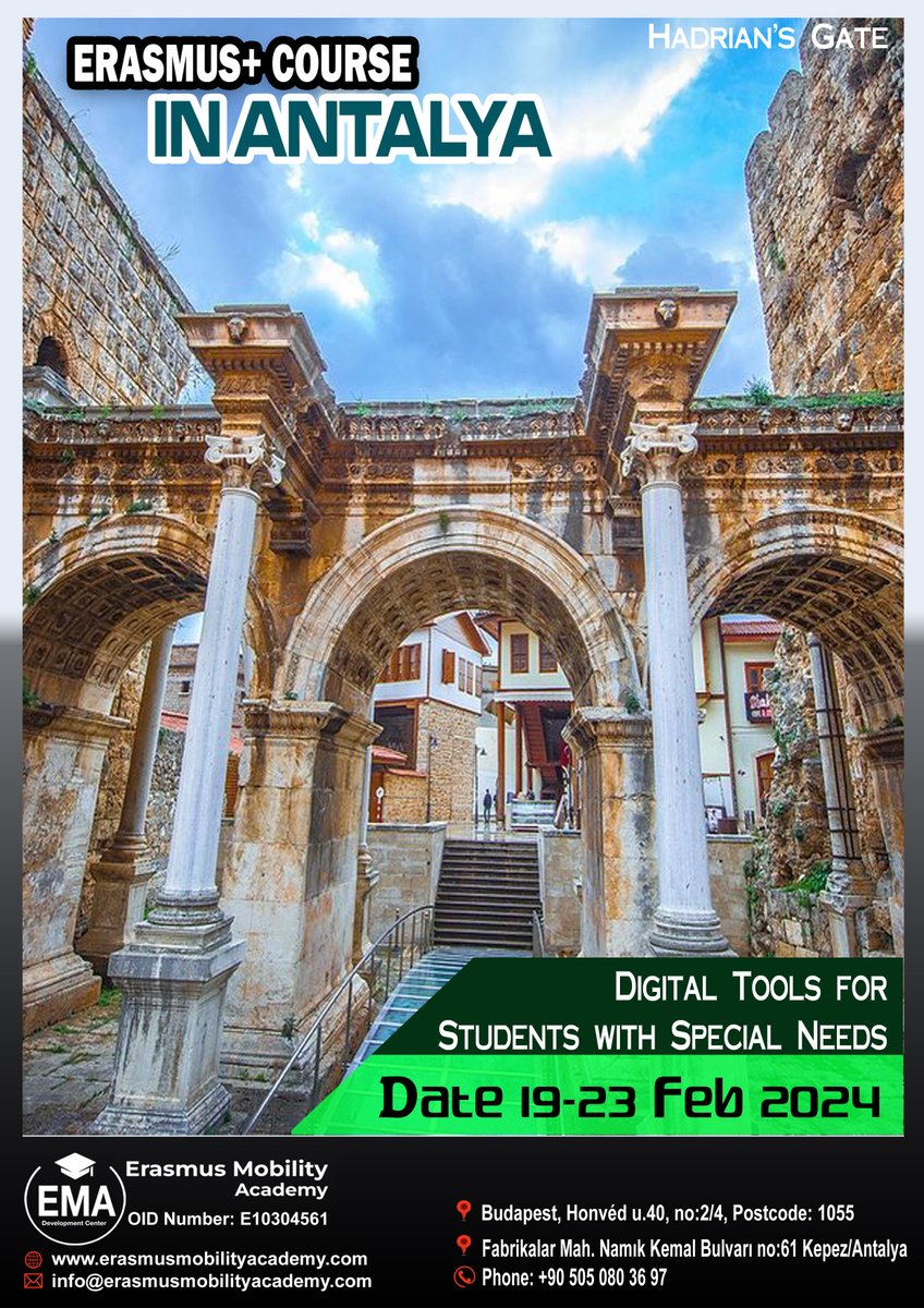 Erasmus+ CONFIRMED Courses
ANTALYA
19-23 FEB 2024
Digital Tools for Students with Special Needs
Contact us: erasmusmobilityacademy.com/courses/digita…
info@erasmusmobilityacademy.com
#specialneeds #icttools #digitaltools #Digitalization #LastCall #blendedlearning #ema #erasmusplusproject #antalya