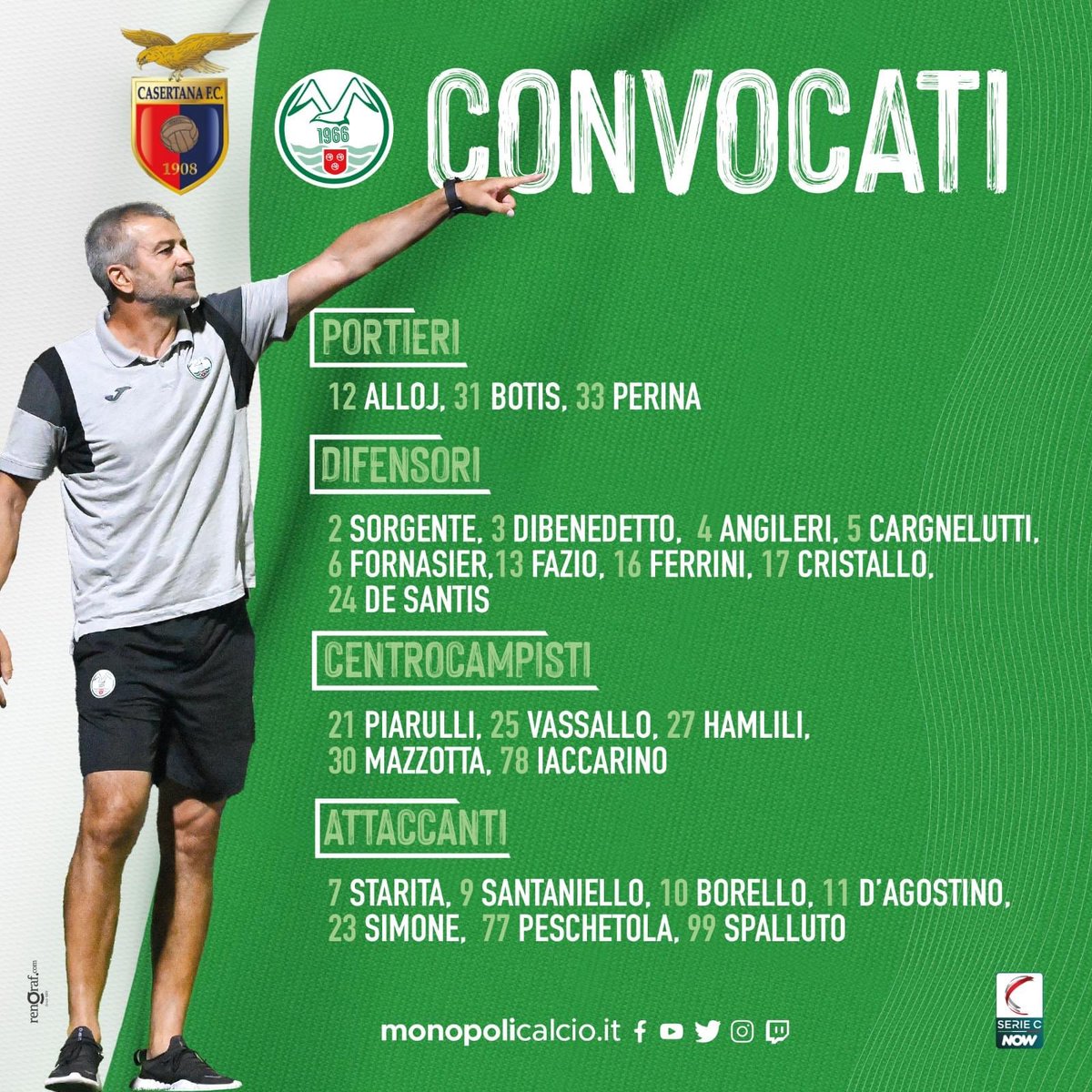 MonopoliCalcio's tweet photo. Rientra Cargnelutti. Out De Paoli, De Risio e Riccardi.
Sono 24 i convocati per Caserta.
#monopoli #cometenessunomai #CasMon #SerieCNOW https://t.co/vZ9I4yjCRc