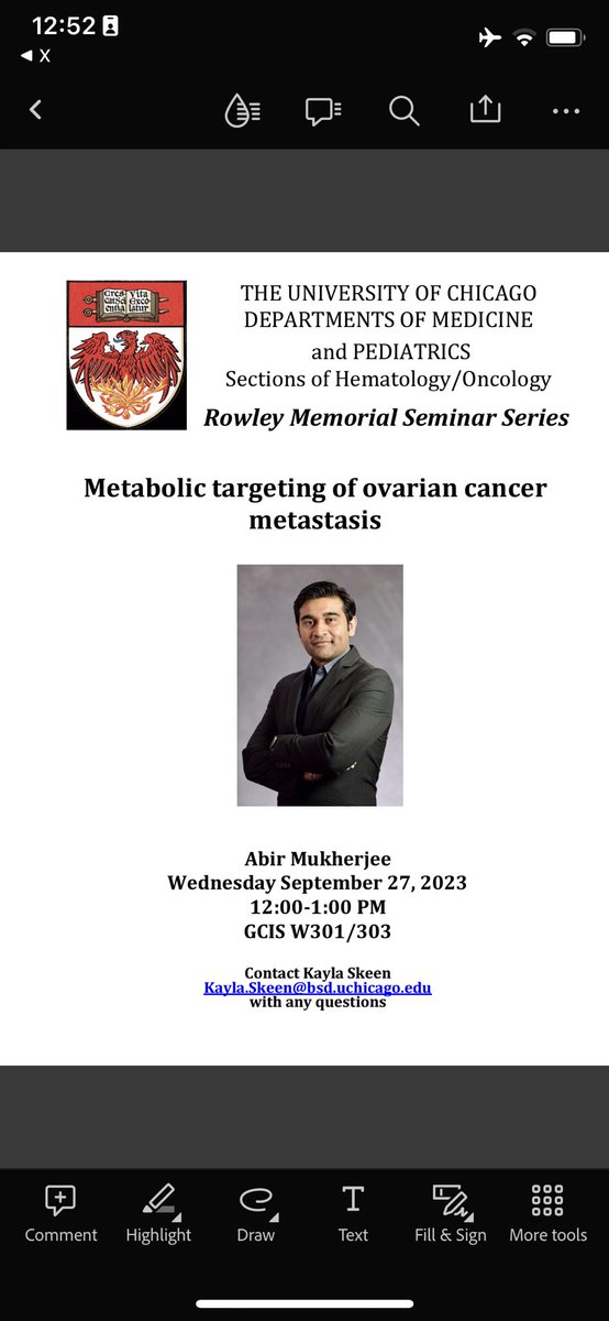 My colleague <a href="/Abir_Mukherjee_/">Abir Mukherjee, PhD</a> is giving a talk on metabolic targeting in OvCa! Stop by if you can! #OVCA #ovarian #cancer #metabolism #uchicago