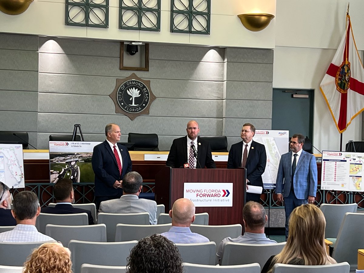 FDOT_Secretary's tweet photo. Very thankful for the leadership of @GovRonDeSantis, Speaker @Paul_Renner, Chair @Leek_TJ &amp; our partners in FL Senate for prioritizing the historic investment for #MovingFloridaForward. Excited to announce the I-95/US 1 interchange project in Volusia Co. will begin in late 2027. https://t.co/N4sRf1byjX