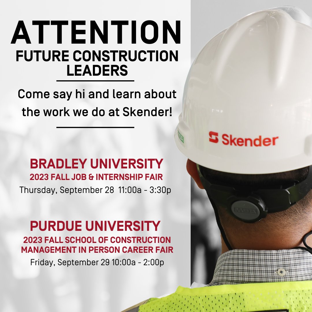 Construction students: we're coming to you!

🔴Bradley University (9/28)
🟡Purdue University (9/29)

Stop by and talk with some of our experienced members of #TeamSkender!