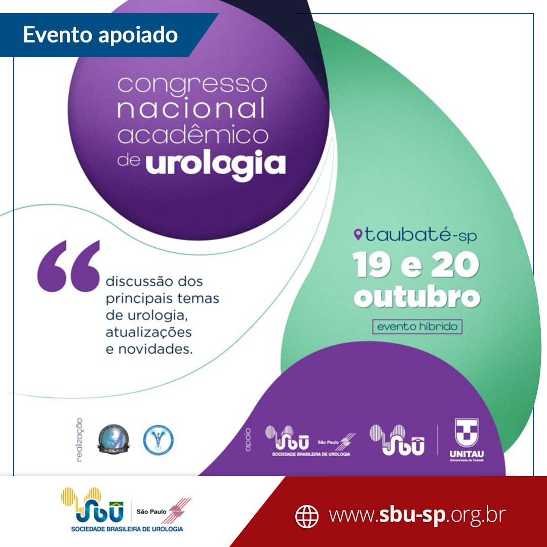 📅Nos dias 19 e 20 de outubro acontecerá em Taubaté o Congresso Nacional Acadêmico de Urologia. O evento será realizado de forma híbrida, e trará novidades sobre as principais discussões da especialidade. 📱Para realizar sua inscrição, acesse o link: 4et.us/s1ltsk