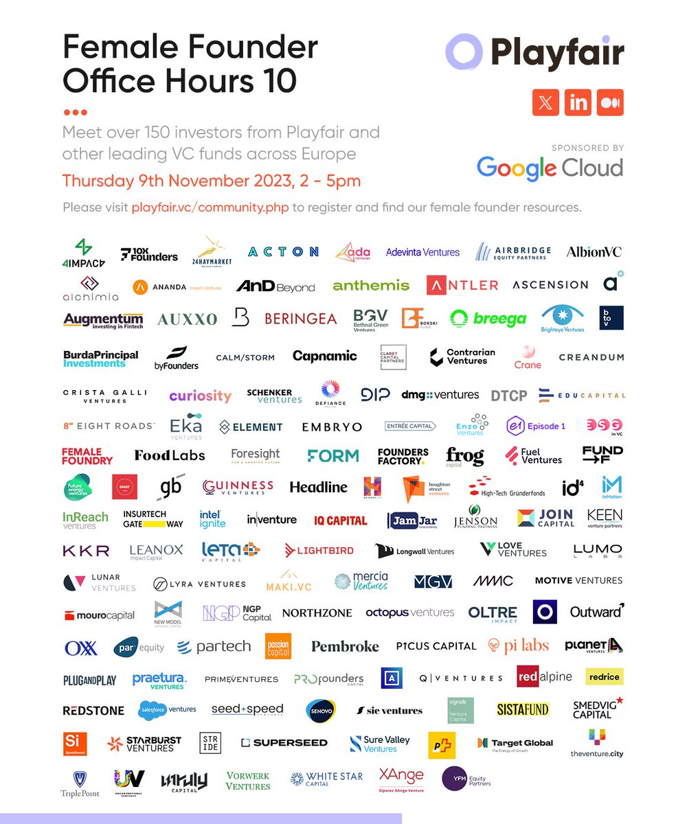 We're excited to be participating in the Europe-wide Female Founder Office Hours, hosted by <a href="/playfaircapital/">Playfair</a> and <a href="/googlecloud/">Google Cloud</a> on 9th November 2023 alongside 150 VCs

Register here:
playfaircapital.typeform.com/to/scU4ITQB