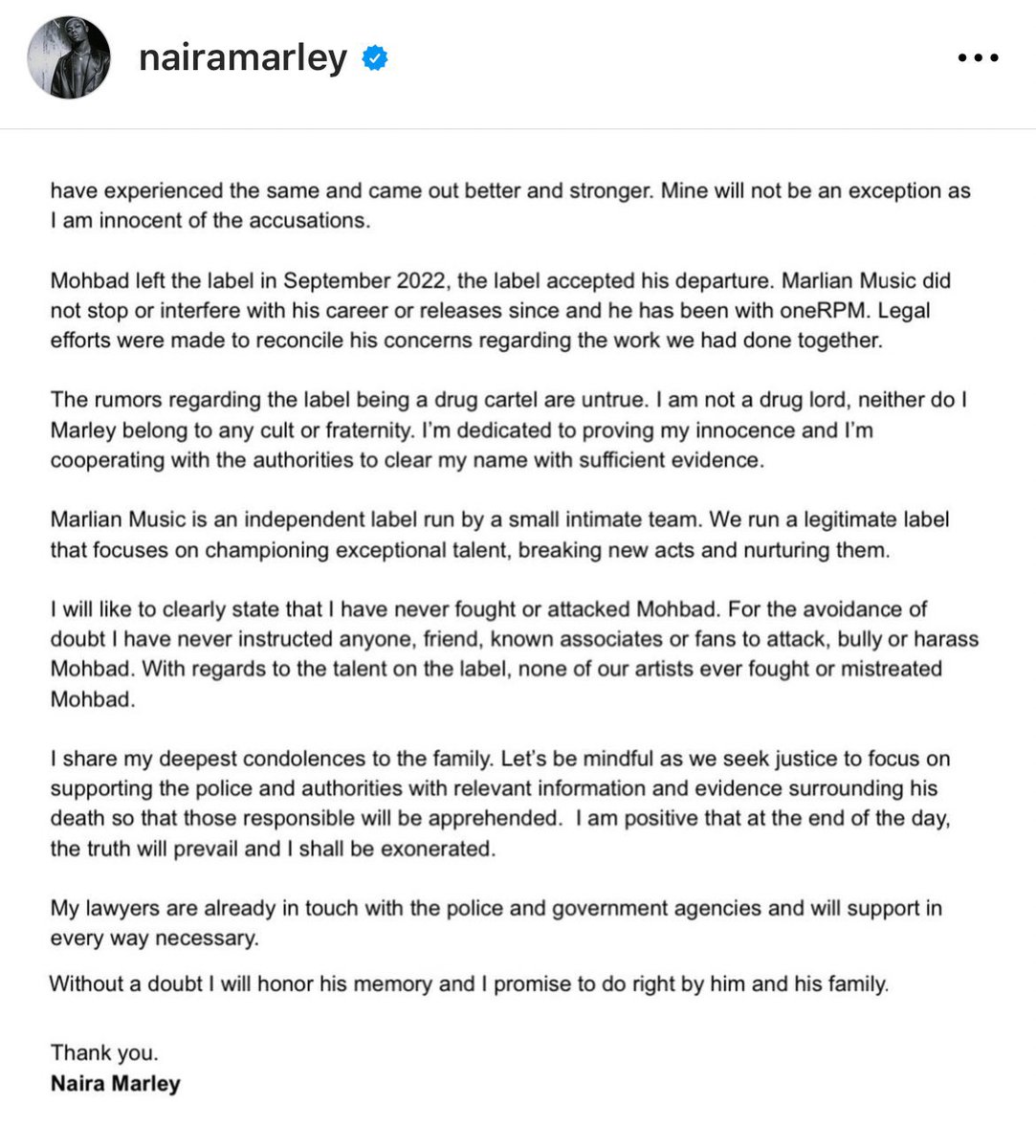 Naira Marley releases a new press statement on IG

No matter the plenty talk and explanation, No matter how long they try to twist this,we won’t back down until we get #Justice4Mohbad ✊🏾