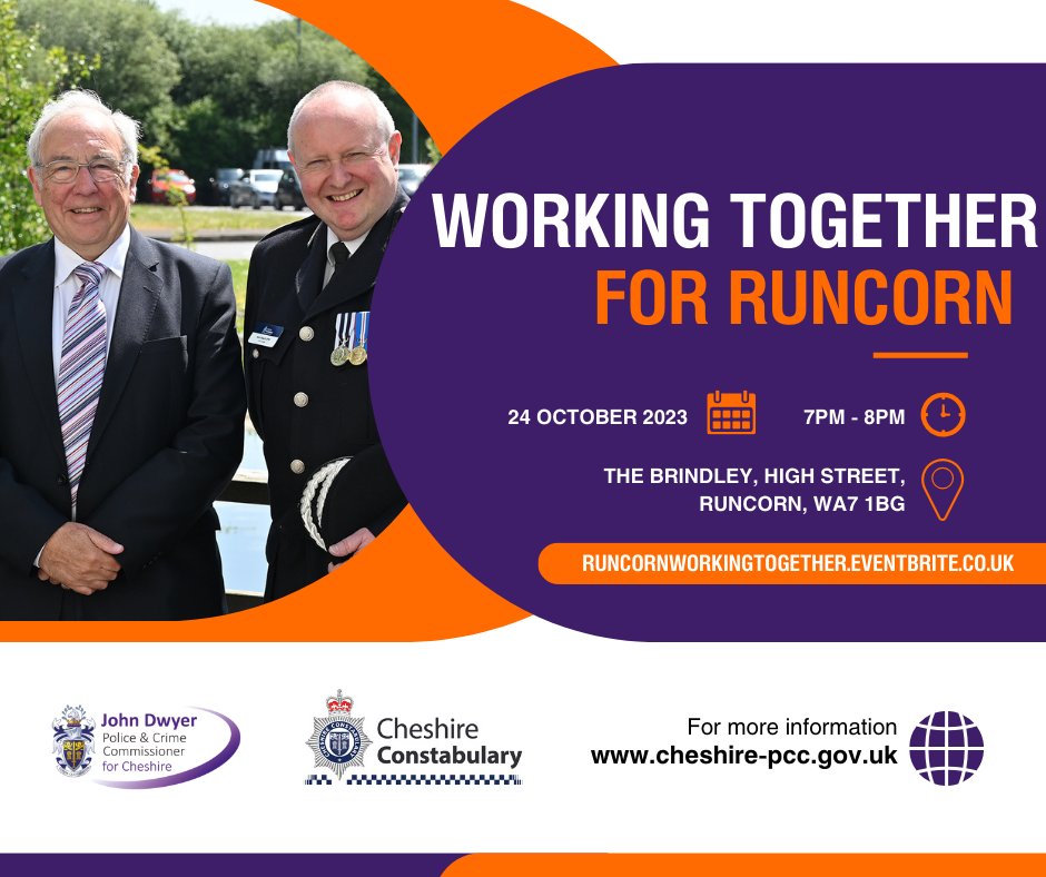 I'm holding Working Together events in each of Cheshire's Local Policing Units, where residents can hear from and discuss policing issues with me, the Chief Constable, and their local team 🤝 @PoliceRuncorn Register here for the Runcorn event ➡️ orlo.uk/yl0aU
