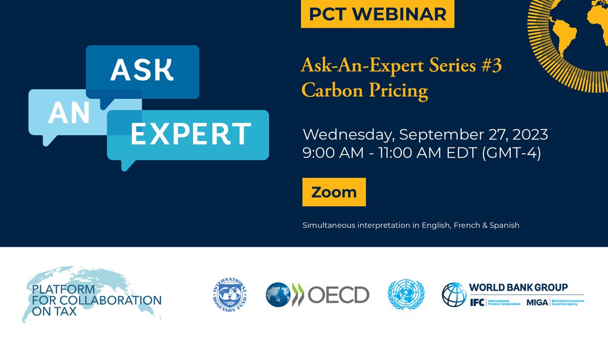 wbg_gov's tweet photo. Join the Platform for Collaboration on Tax (PCT) on September 27 for its Ask-An-Expert Webinar on Carbon Pricing! Experts from @imfcapdev @OECDtax @UNDESA @WBG_Poverty will discuss the new #Platform4Tax report on #CarbonPricing metrics.
Register now π https://t.co/fRrhiRWpb8 https://t.co/TwRsY6rkCE