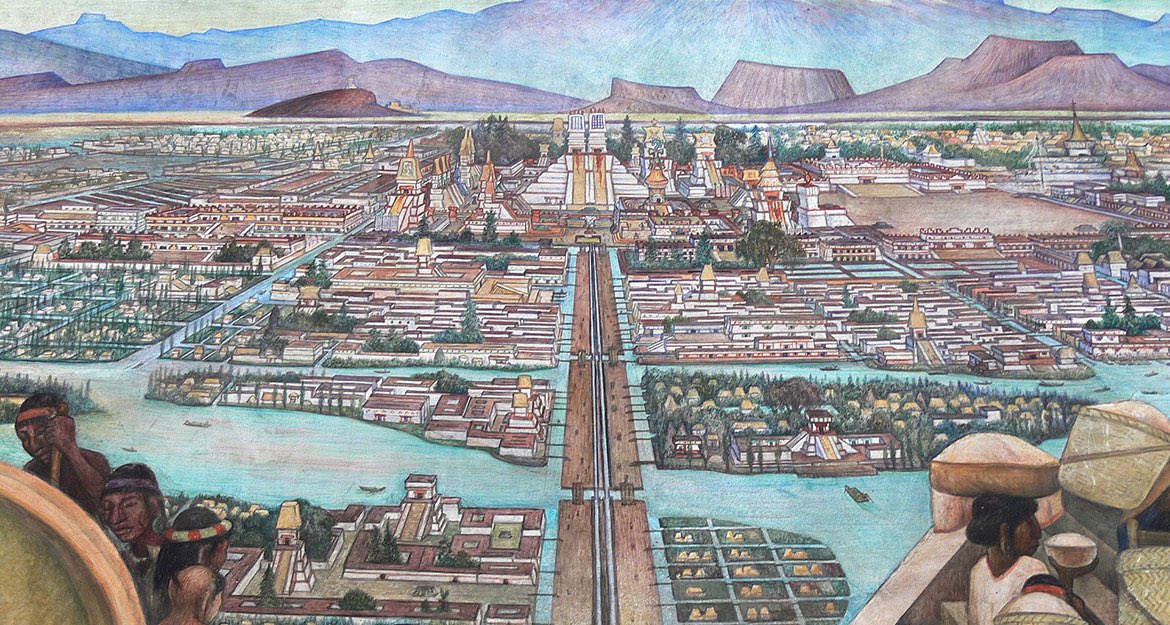 historyinmemes's tweet photo. The capital of the Aztec Empire, Tenochtitlan, was a major city with an estimated 140,000 inhabitants. Built on an island on Lake Texcoco, it was connected to the mainland via three causeways and had huge pyramids, floating gardens, and canals. It was largely destroyed by the Spanish in 1521.