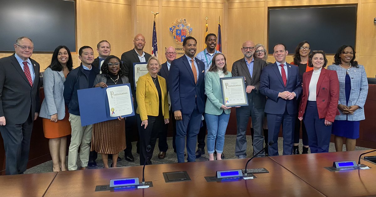 Councilmembers @CMJawando, @CMEvanGlass, @cmkatestewart and @MarilynBalcombe present a proclamation recognizing National #WalkAndRollToSchool Day, which falls on Oct. 4, 2023.