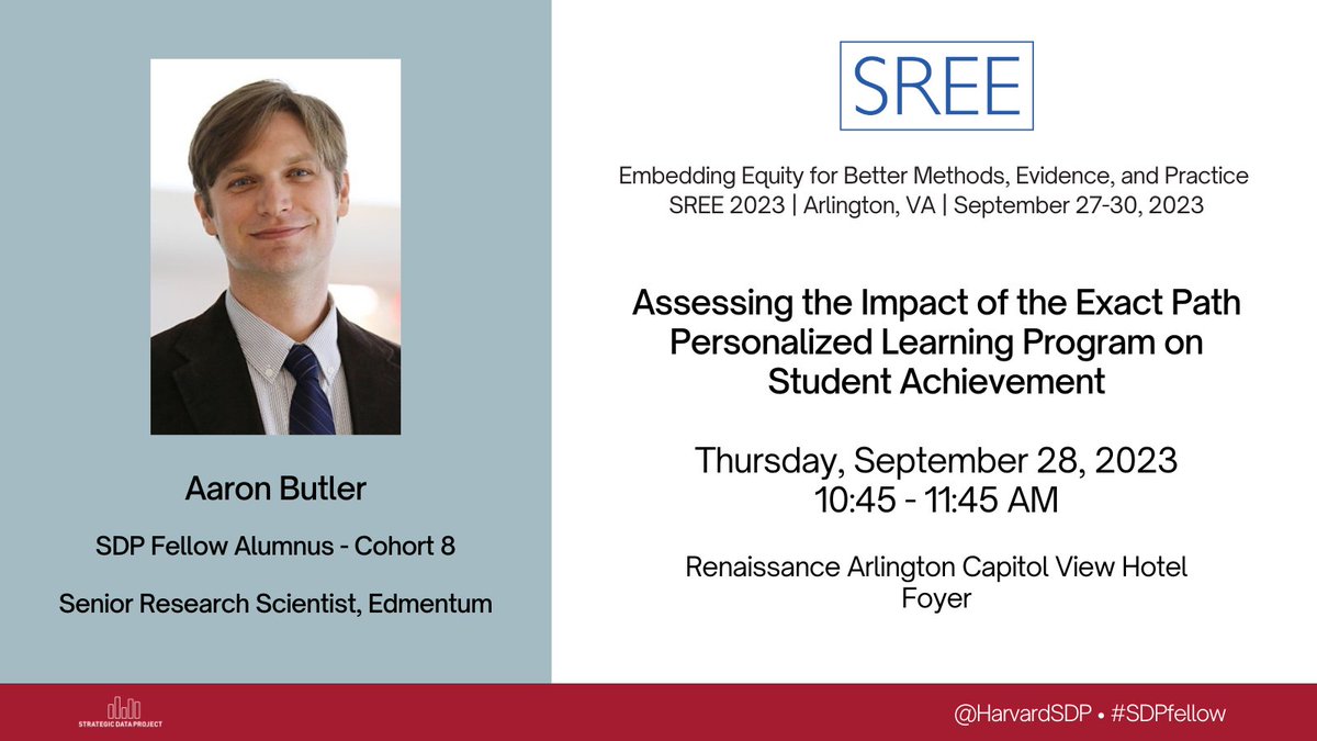 Announcing another #SREE2023 SDP presentation! This Thursday, join #SDPfellow alumnus Aaron Butler's presentation: Assessing the Impact of the Exact Path Personalized Learning Program on Student Achievement <a href="/sreesociety/">SREE</a>