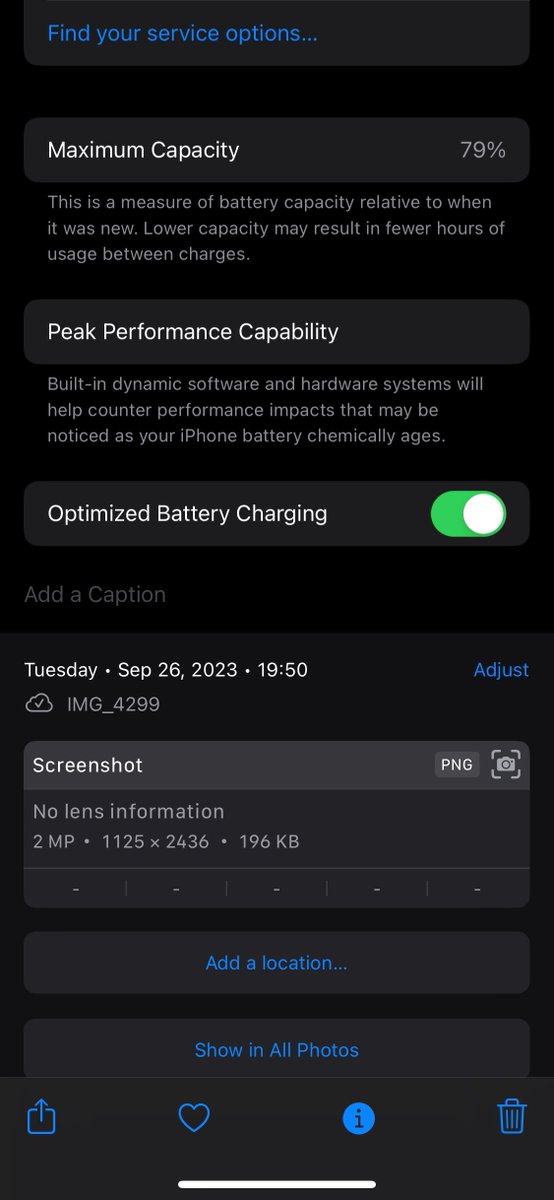 umarfarooq_ch's tweet photo. After installing #iOS17 on my #iPhone12mini, my battery health degraded from 83% to 79% within a week:

•83% on 18.09.2023
•82% on 19.09.2023
•81% on 22.09.2023 at 09:32
•80% on 22.09.2023 at 22:57
•79% on 25.09.2023

Now, my iPhone is suggesting a battery replacement. https://t.co/zTtv9PC5mz