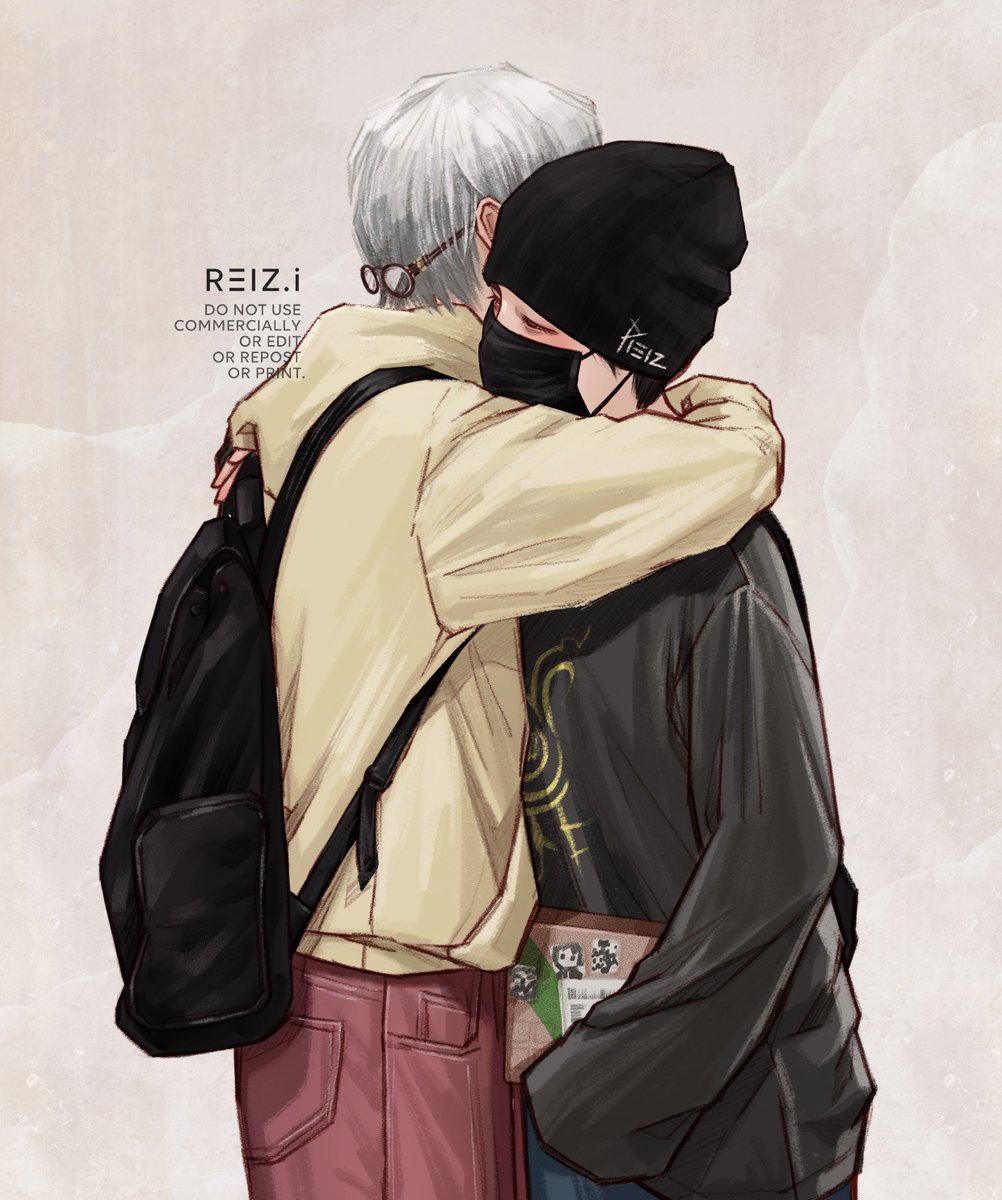 bag backpack multiple boys 2boys hat yaoi hug  illustration images