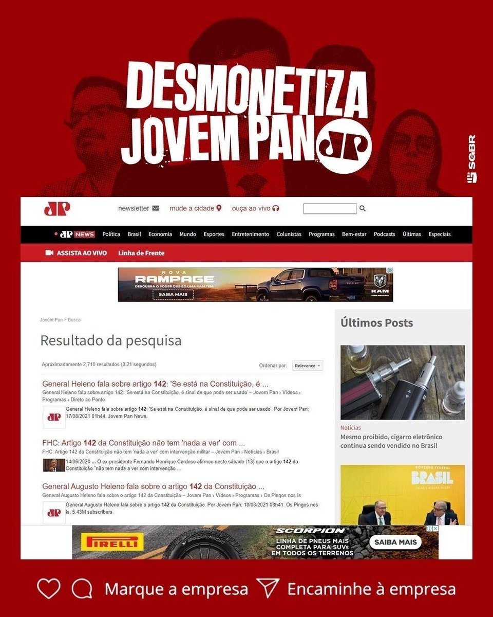 slpng_giants_pt's tweet photo. 🛞 Olá @Pirelli_BR, tudo bem? Infelizmente, o @googlebrasil veiculou seu anúncio no site da Jovem Pan, uma emissora investigada por propagar fake news e ataques à democracia. Pfv, negativem o anúncio neste site e apoiem a democracia. #DesmonetizaJovemPan

Avisem a empresa 👇🏽👇🏽 https://t.co/bmho4cQU7O