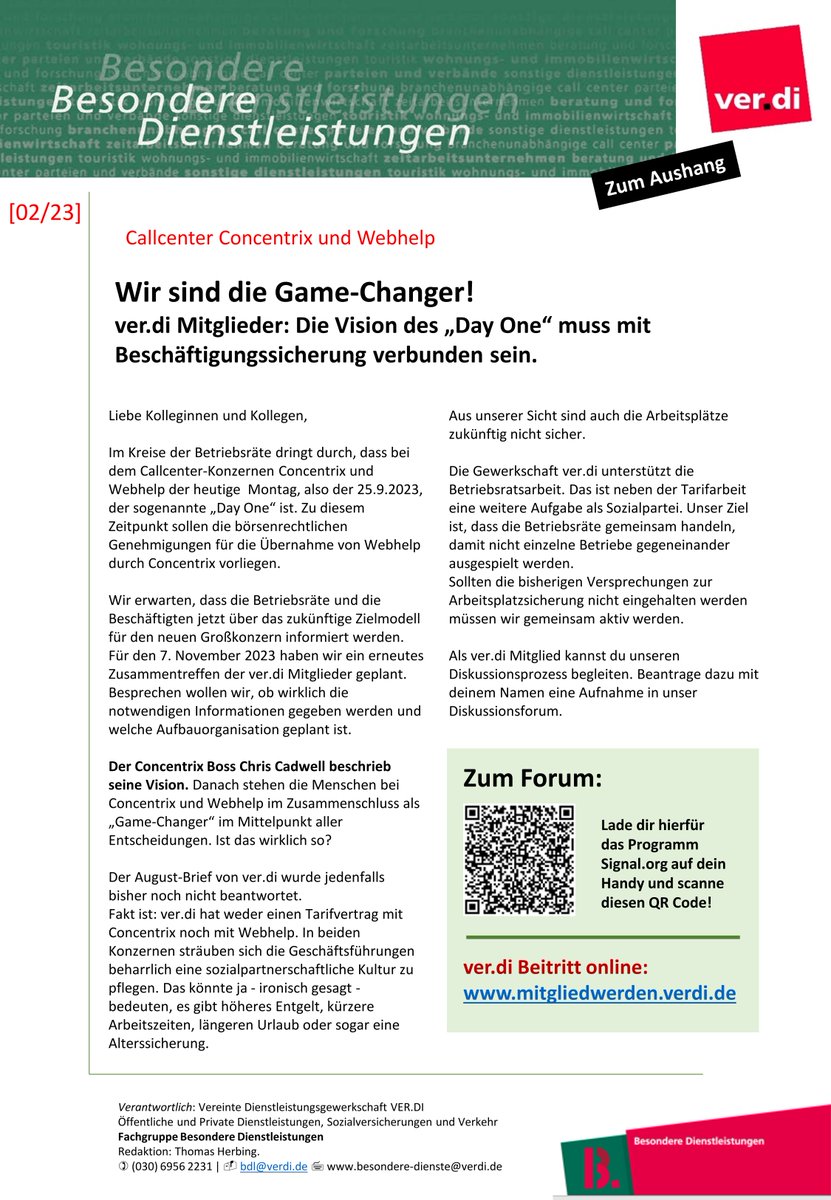 🥳@Concentrix + @Webhelp_Global 🍾 #WeAreOne
Der Jubel in den Konzernzentralen kann nicht darüber hinwegtäuschen, dass es an der Basis mehr Fragen als verbindliche Antworten gibt. #PeopleFirst  #ThinkHuman #wirsindverdi #Callcenter