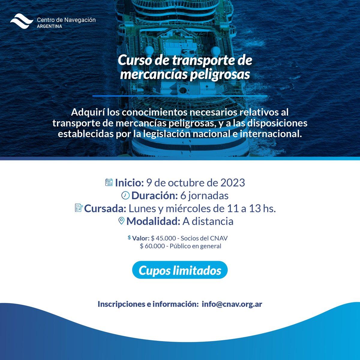 Los invitamos a inscribirse a una nueva edición del curso de Transporte de Mercancías Peligrosas ➡️
• Inicio: 9 de octubre 2023 
• Duración: 6 jornadas (9, 11, 18, 23, 25 y 30 de octubre)
• Cursada: Lunes y miércoles de 11 a 13 hs. 
• Modalidad: a distancia