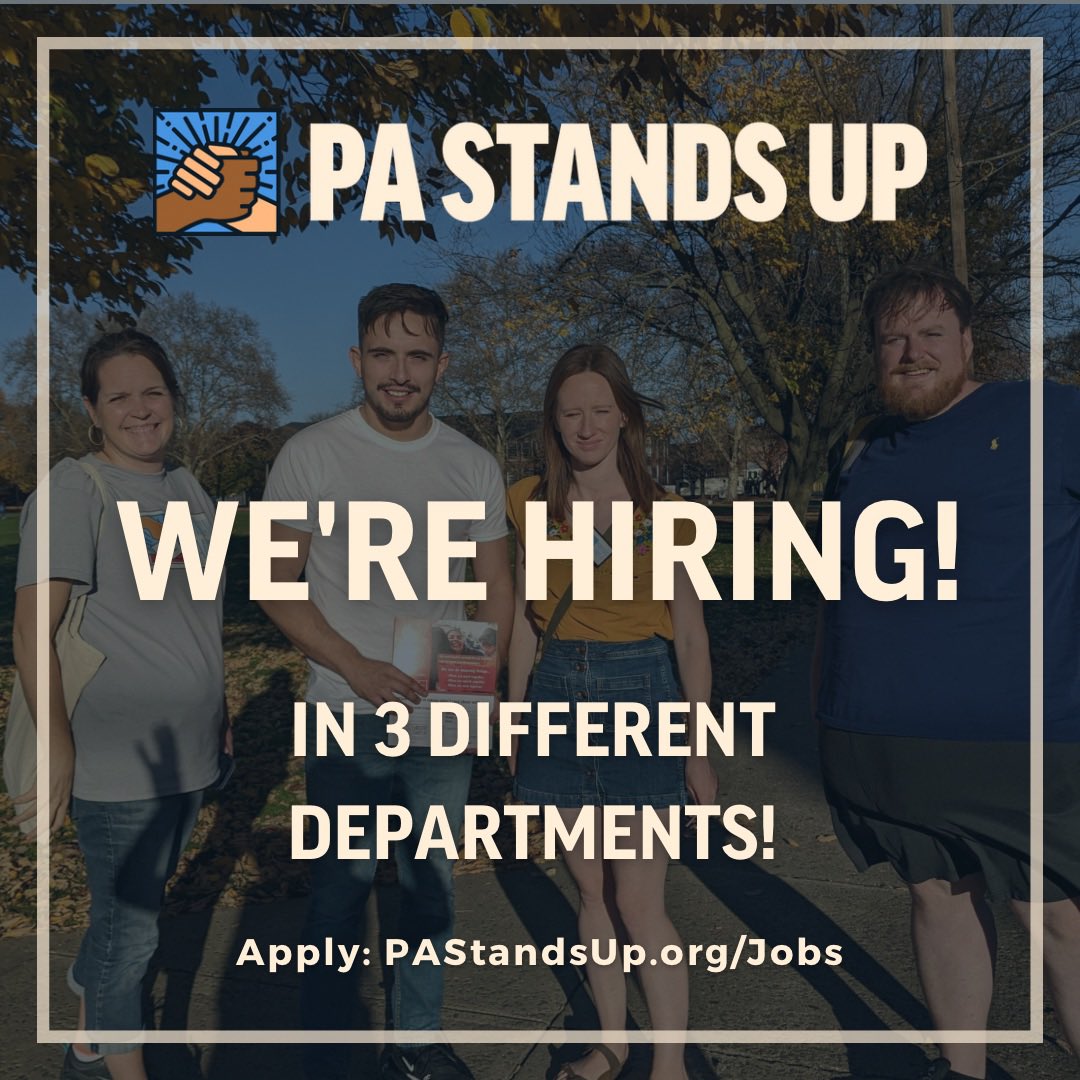 Hi Friends, We're hiring! Currently, we're looking for a Director Of Narrative and Communications, an Operations Associate, and a Regional Organizing Manager!
If one of these are you or someone you know, apply at the link below! #Hiring #Nonprofitjobs #Pennsylvania #PA
