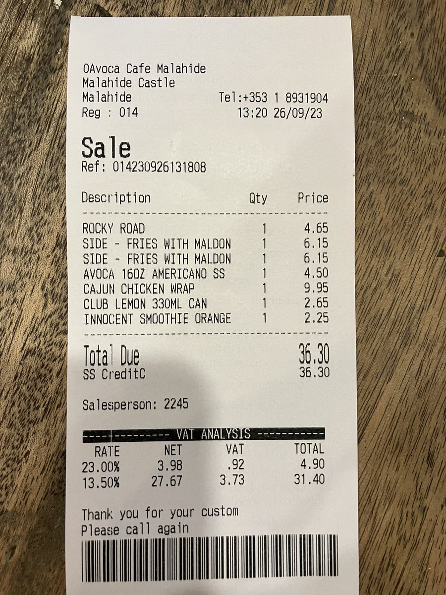 Johnflynn74's tweet photo. Well this is shocking €36 for 2 chips a wrap and 3 drinks. #ripoffavoca #ripoffireland price gouging at its best #ripoffbastards nearly chocked on my €10 wrap.  @avocamalahide this is scandalous https://t.co/Iv9x4oKSrL
