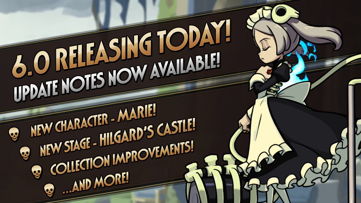 sgmobile's tweet photo. Skullgirls Mobile is now down for Maintenance while 6.0 releases. Downtime should be about 6 hours.

While you wait, check out the update notes!

New Character - MARIE!
New Stage - HILGARD'S CASTLE!
Collection Improvements!
And more!

Full details here: https://t.co/1ftfppbNI3 https://t.co/QP6ropfSHw