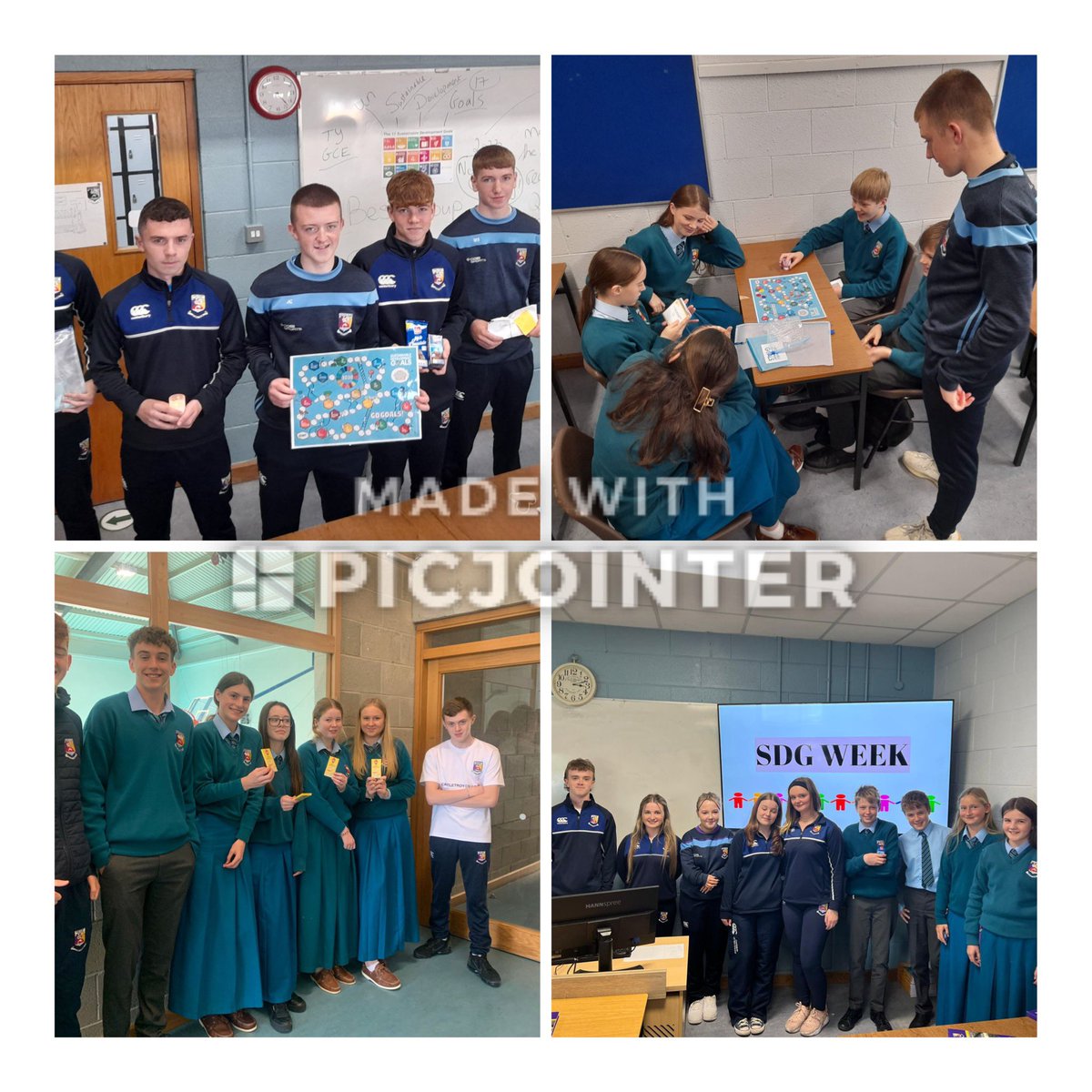 CastletroyC's tweet photo. TY GCE Class Captains and students led SDG themed kahoot quizzes and #GoGoals boardgame with 1st and 2nd year RE students today@Oide_RE as part of Irelands SDG week. Fairtrade chocolate as prizes. @Worldwise_Irl @TailteEireann @LCETB @ETB_SDGS @Irish_Aid @Fairtrade_ie @AnTaisce https://t.co/xGSpwS1q5y