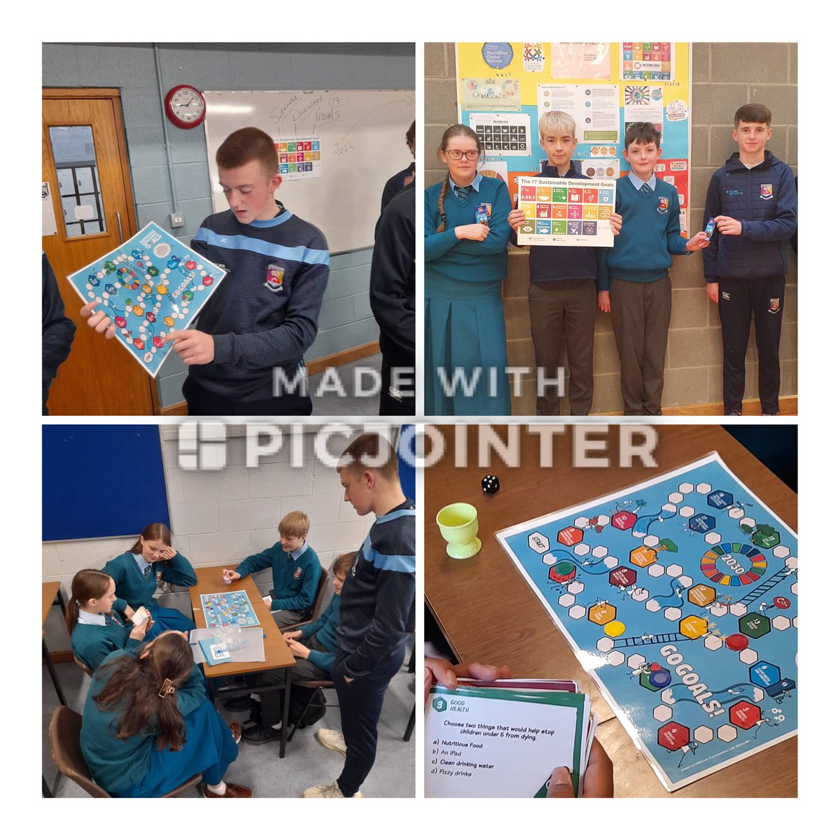 CastletroyC's tweet photo. TY GCE Class Captains and students led SDG themed kahoot quizzes and #GoGoals boardgame with 1st and 2nd year RE students today@Oide_RE as part of Irelands SDG week. Fairtrade chocolate as prizes. @Worldwise_Irl @TailteEireann @LCETB @ETB_SDGS @Irish_Aid @Fairtrade_ie @AnTaisce https://t.co/xGSpwS1q5y