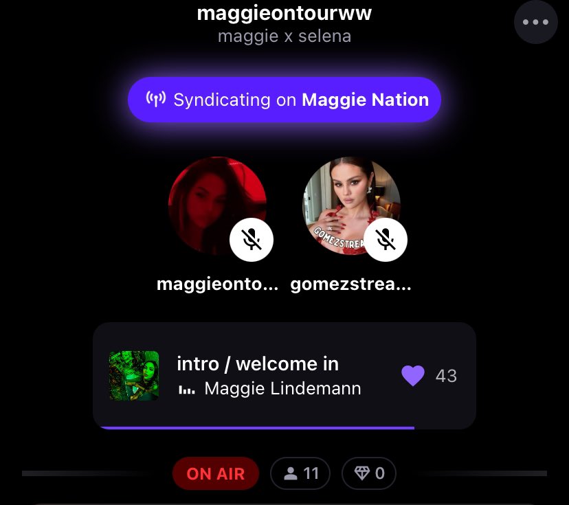 🔥 ON AIR 🔥

Join the streaming party NOW on @STATIONHEAD.

🔗 || share.stationhead.com/PAkPJFxKi8z

Let's enjoy incredible music by Maggie & Selena with @maggieontourww