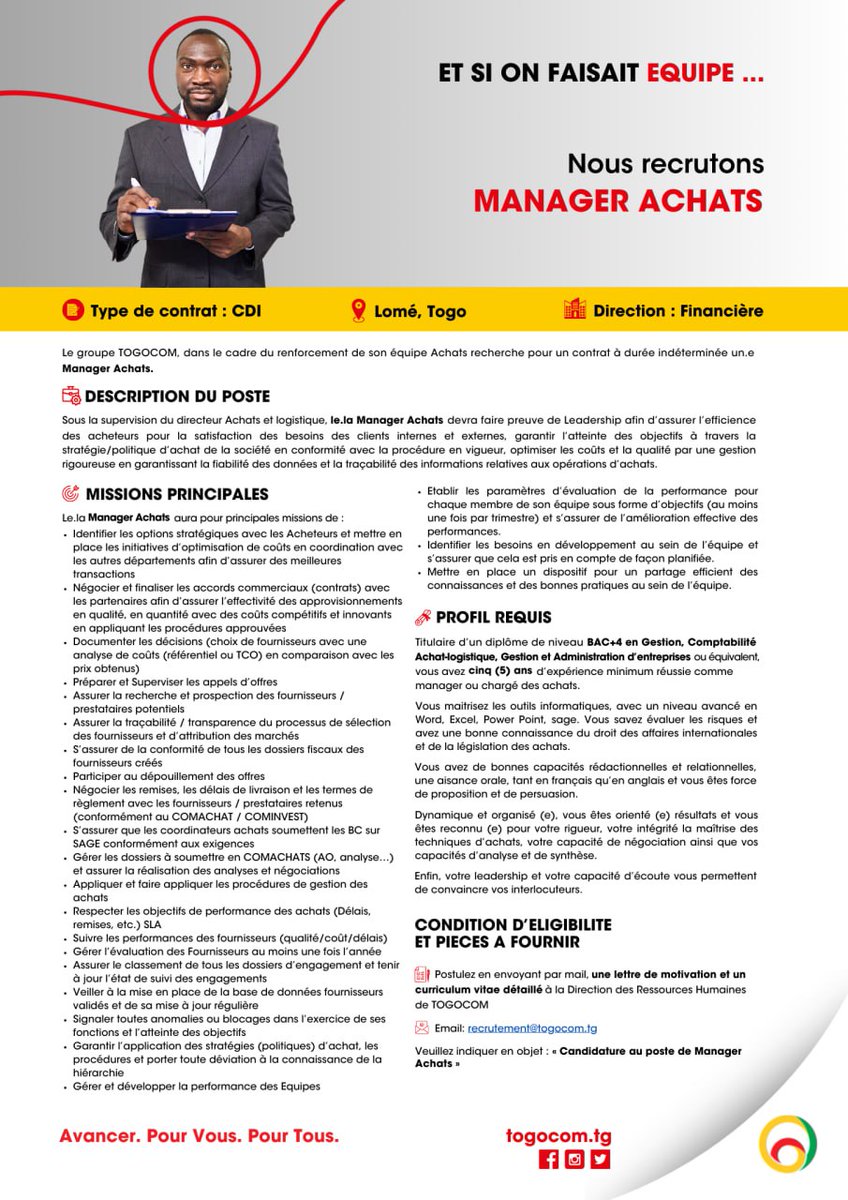 [𝗧𝗼𝗴𝗼𝗰𝗼𝗺 𝗿𝗲𝗰𝗿𝘂𝘁𝗲]

Nous recrutons 𝗟𝗲.𝗹𝗮 𝗠𝗮𝗻𝗮𝗴𝗲𝗿 𝗔𝗰𝗵𝗮𝘁𝘀
 
Direction Financière
 
Type de contrat : CDI

Postulez ici : lnkd.in/e95dNUKy
 
#Togocom #TogocomRecrute #AvancerPourVousPourTous