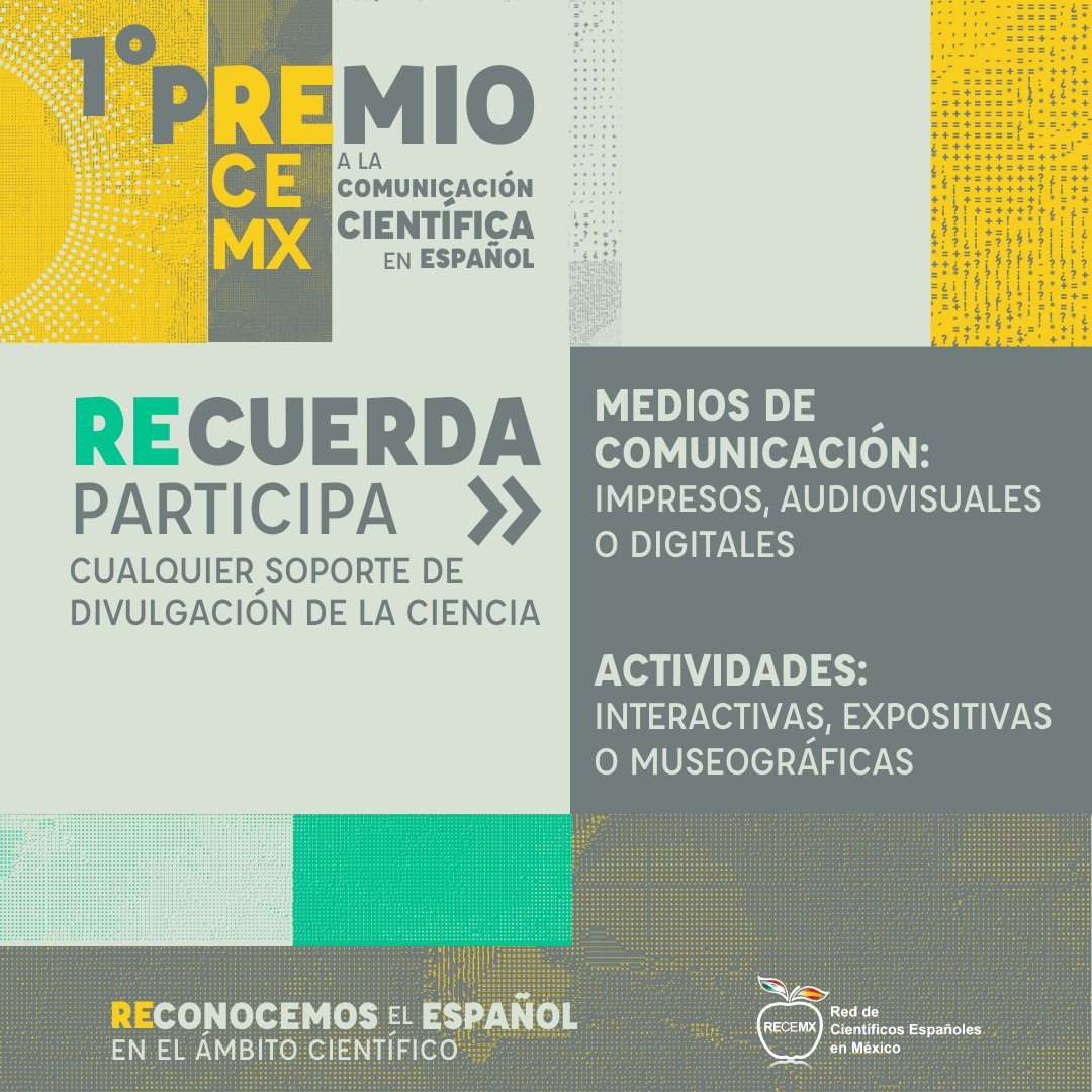 Últimas dos semanas para postular al #PremioRECEMX. Gana en efectivo por tu trabajo en:  CAT. A | Innovación en la Comunicación Científica en Español 
CAT. B | Trabajo en Red para la Comunicación Científica  👉recemx.com.mx/premiorecemx20…
<a href="/FundacionAreces/">FundaciónRamónAreces</a> #ComunicaciónCientífica