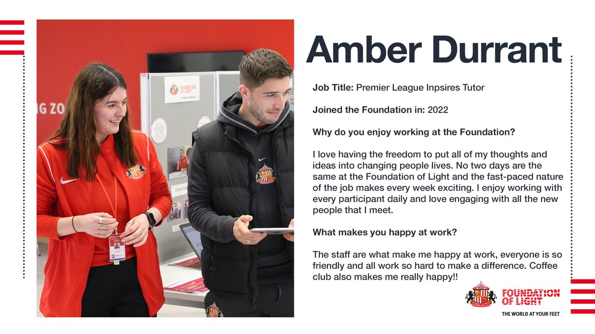 SAFCFoL's tweet photo. ๐ฅ ๐ ๐ฒ๐ฒ๐ ๐๐ต๐ฒ ๐ง๐ฒ๐ฎ๐บ ๐ฅ
Amber works as part of our @premierleague Inspires team, which work in secondary schools across the region, delivering a range of sessions such as Social Action projects ๐ฃ
#HappinessAtWorkWeek ๐ | #TeamFoL https://t.co/V8urmK1ehv