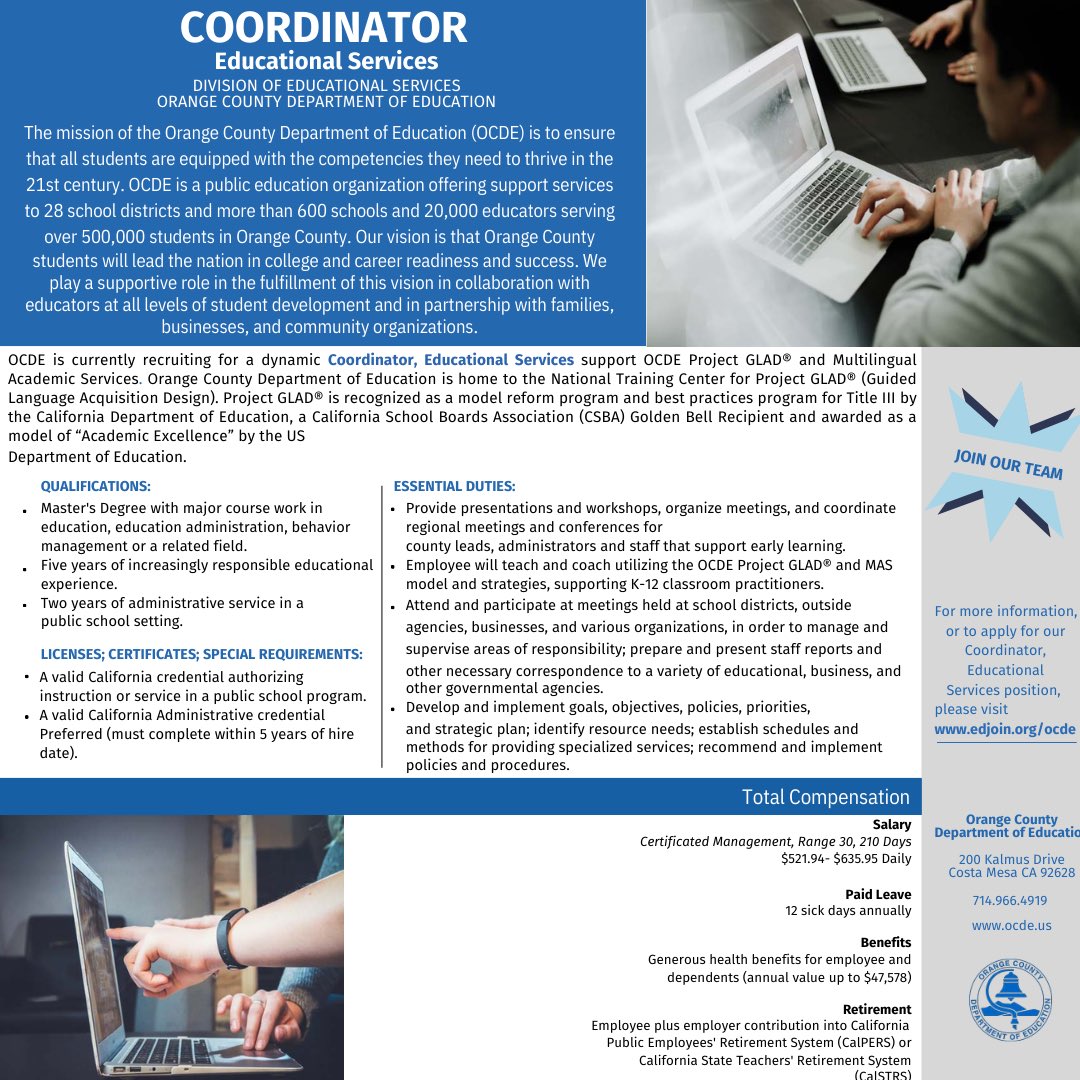 Join our team! OCDE is still accepting applications for a Coordinator, Educational Services support for Project GLAD® and Multilingual Academic Services. To apply, visit edjoin.org/Home/DistrictJ…