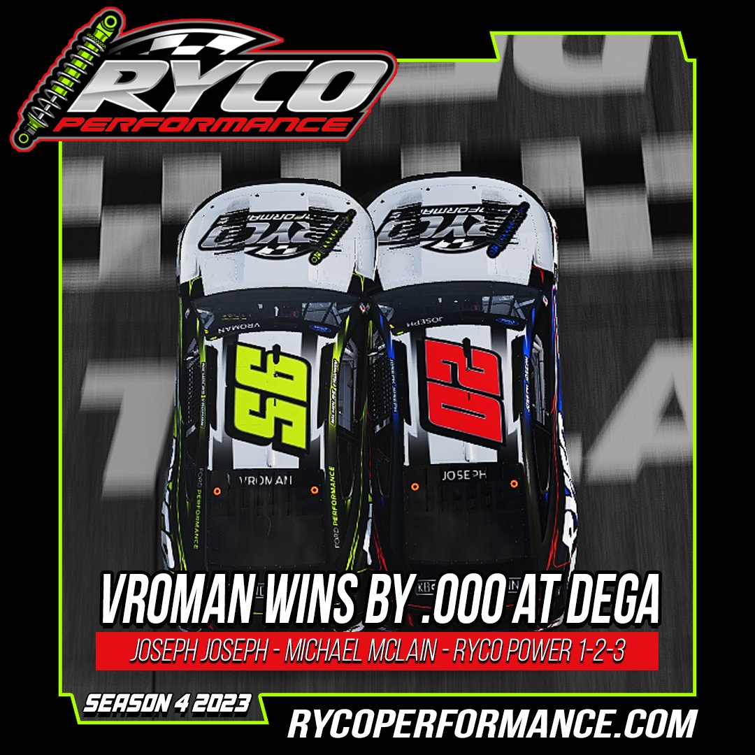 🏁Vroman wins by .000 Over Joseph Joseph🏁

In what would be one of the most THRILLING finishes I have ever witnessed at Talladega, Nicholas Vroman and Joseph Joseph would have a drag race to the finish line to finish .000 apart. When the timing and scoring results posted it was