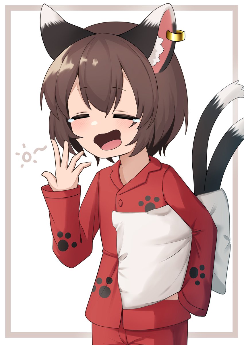 chen yawning 1girl animal ears cat ears tail brown hair cat tail  illustration images