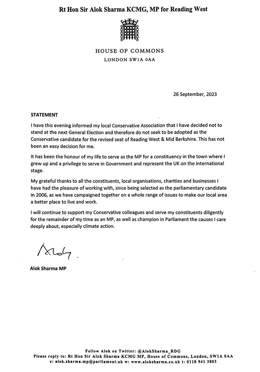 AlokSharma_RDG's tweet image. I have this evening informed my local Conservative Association that I have decided not to stand at the next General Election

My statement below

👇