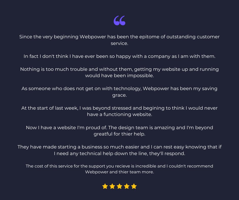 WebPowerHQ's tweet image. Reviews don&apos;t come much better than this one received from a new WebPower customer that we helped get started online.

Find out more about our services - webpower.uk