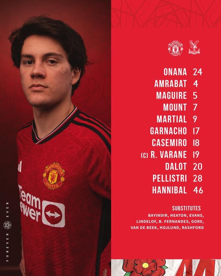 FootballFactiod's tweet photo. Manchester United team to face Crystal Palace tonight. First start for Amrabat. #MUNCRY https://t.co/fqqsI6N41l
