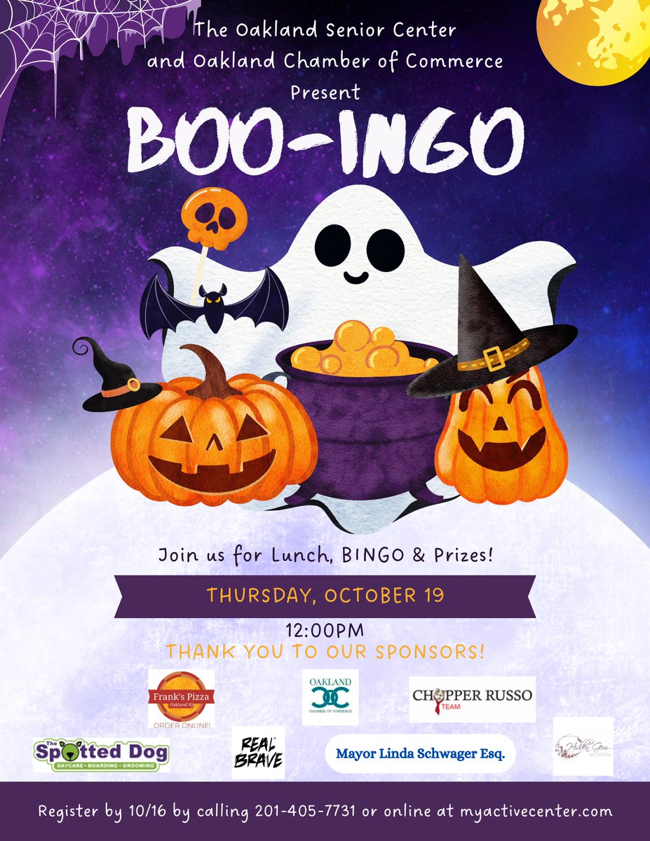 Join the Borough of Oakland for Bingo on Thursday October 19, 2023 at 12:00 p.m. Register in advance at (201) 405-7731. #OaklandNJ