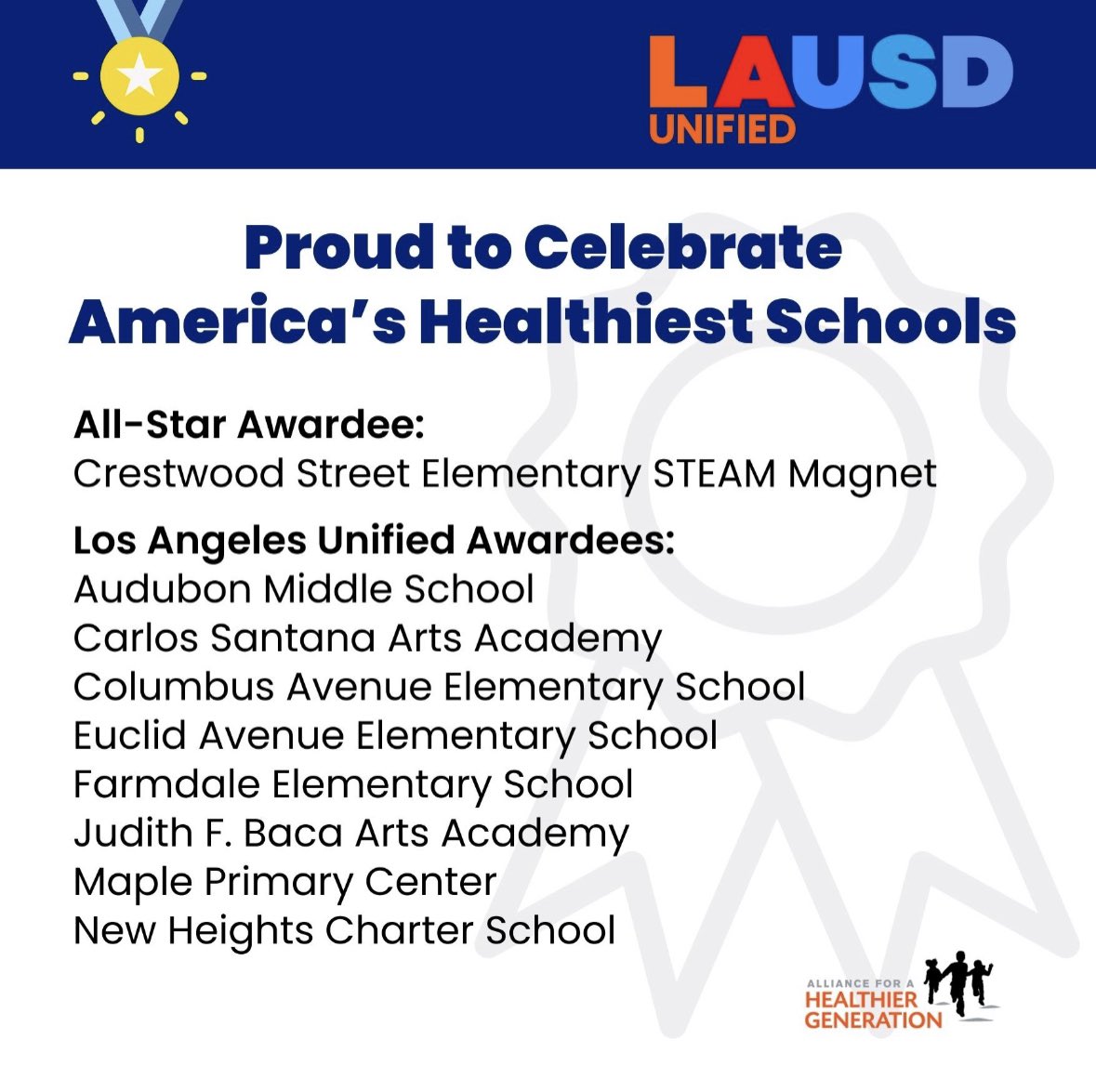Today @healthiergen named nine @laschools to this year’s list of “America’s Healthiest Schools.” Congrats to our schools for this amazing honor!