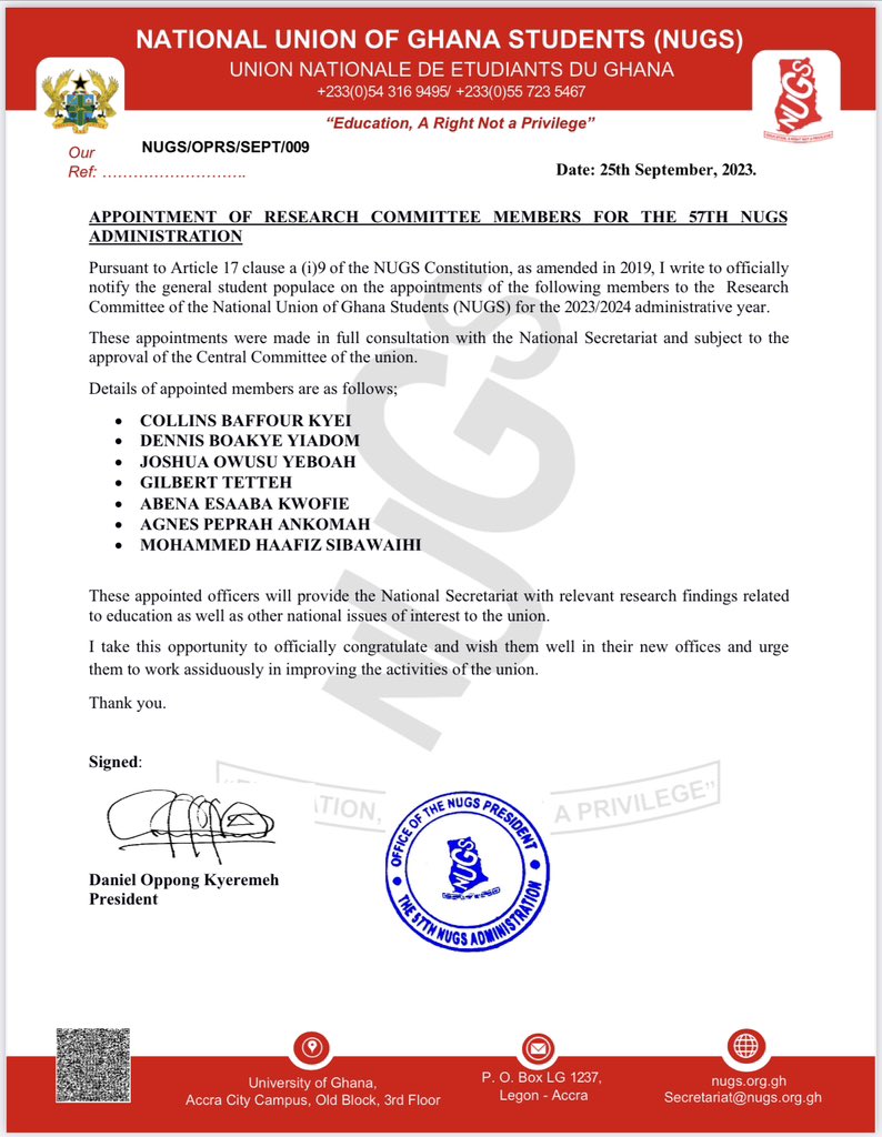 NUGS_National's tweet photo. APPOINTMENT OF RESEARCH
    COMMITTEE MEMBERS
  ————————————————

Here is an appointment notice on the appointment of individuals to the Research Committee of the 57th NUGS Administration.

Congratulations to these members! https://t.co/ncI6zFfKaE