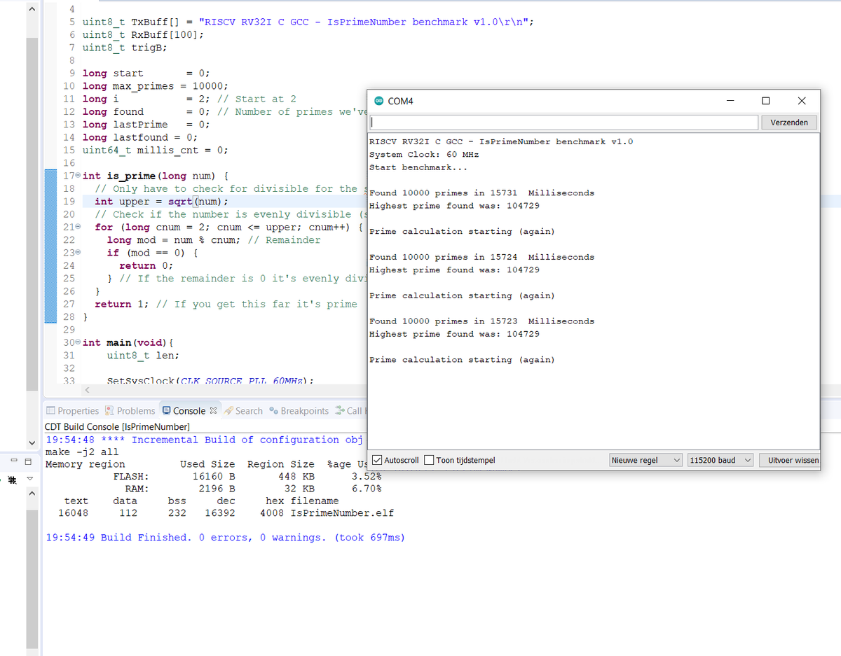 Jacob26099543's tweet photo. Tested the #RISCV #CH582 #MCU with the simple Prime #benchmark
The first 10K prime numbers.
#CH582f 60MHz = 15723ms
That is low!
And then I found this:
Flash = 0.3 #Coremark/MHz
RAM = 1.54 Coremark/MHz
I guess they used slow flash that need some wait stages😢
#tech #coding https://t.co/EgSO2ZwHQv