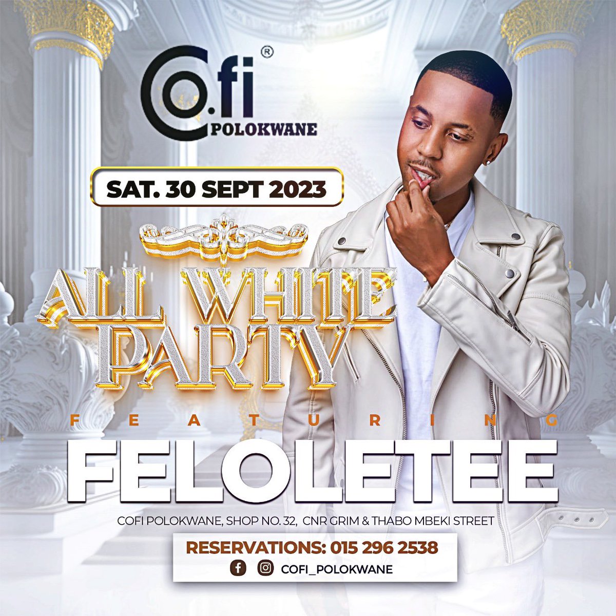 ALL WHITE PARTY Co.fi_Polokwane

Its official countdown has begun to our All White Party ft <a href="/FeloLeTee/">Tsa Felo</a> 🔥🔥🚀

#cofiAllWhiteParty prep those outfits it’s about to get lit.

#cofi #polokwane # eatchillate #allwhiteparty #bigballerweekend