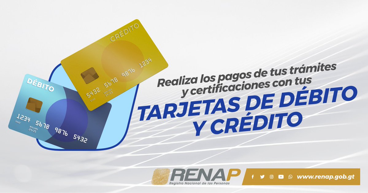 renapgt's tweet photo. ¿Sabías que RENAP ofrece distintas formas de pago para que realices tus trámites sin complicaciones? Usa tu tarjeta de débito o crédito, elige la que mejor te convenga. #FormasDePago #RENAPOnline https://t.co/VP7myLfFRa