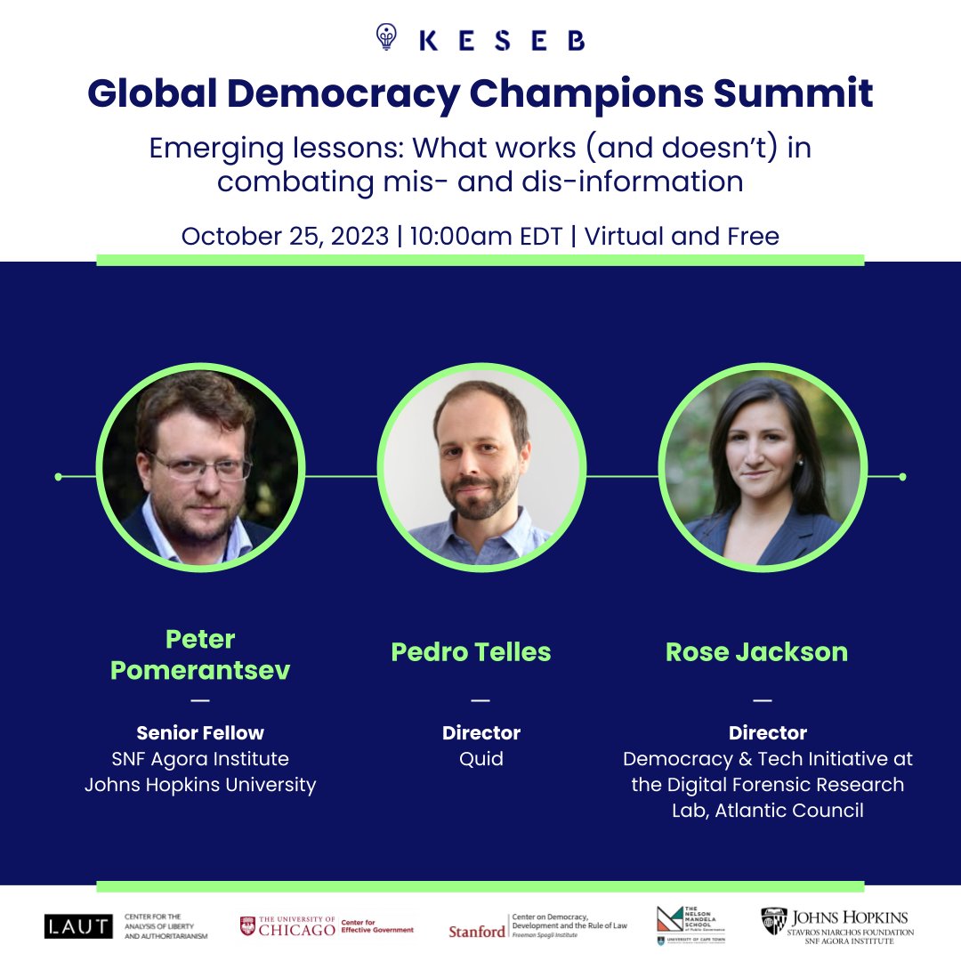 @peterpomeranzev, Senior Fellow @SNFAgoraJHU, will moderate a discussion on our effectiveness in combating mis and disinformation at the upcoming Global Democracy Champions Summit. He is joined by Pedro Telles and @Rosejackson3. Register today! hopin.com/events/2023-ke…