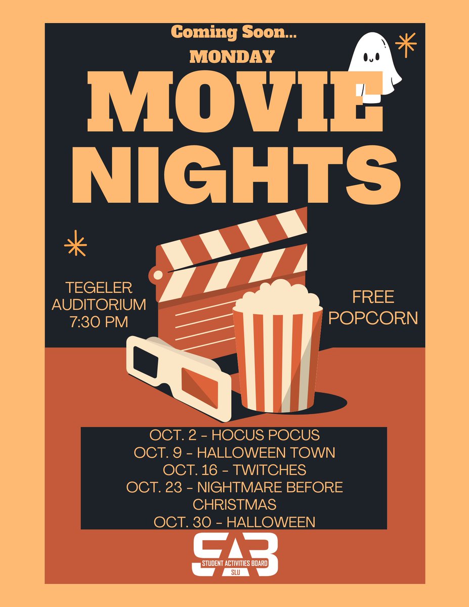 Join us every Monday in October for Monday Movie Nights! All movies will be in the Tegeler Auditorium at 7:30 pm, and there will be free popcorn! Hope to see you there!