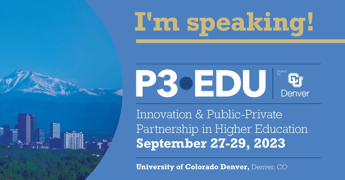 I’ll be back in Denver in a few days to speak at the <a href="/P3_EDU/">P3•EDU</a> Conference about the state of higher ed and our efforts to accelerate institutional transformation, along with fellow panelists <a href="/jamiemerisotis/">Jamie Merisotis</a>, <a href="/APLU_News/">APLU</a>'s Mark Becker, and moderator <a href="/jselingo/">Jeff Selingo</a>.