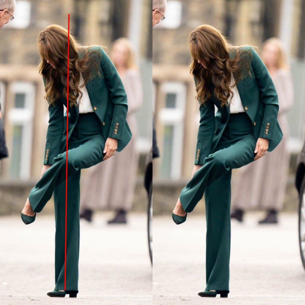 storiesbyjemay's tweet photo. Balance is a function of fitness and Catherine displays superb balance. I drew the red line to show how she is perfectly aligned over her straight leg. She lifts her left knee quite high with ease, and she is self-balancing. She doesn't need to balance or rest against a person or an object so that she can address her shoe issue.