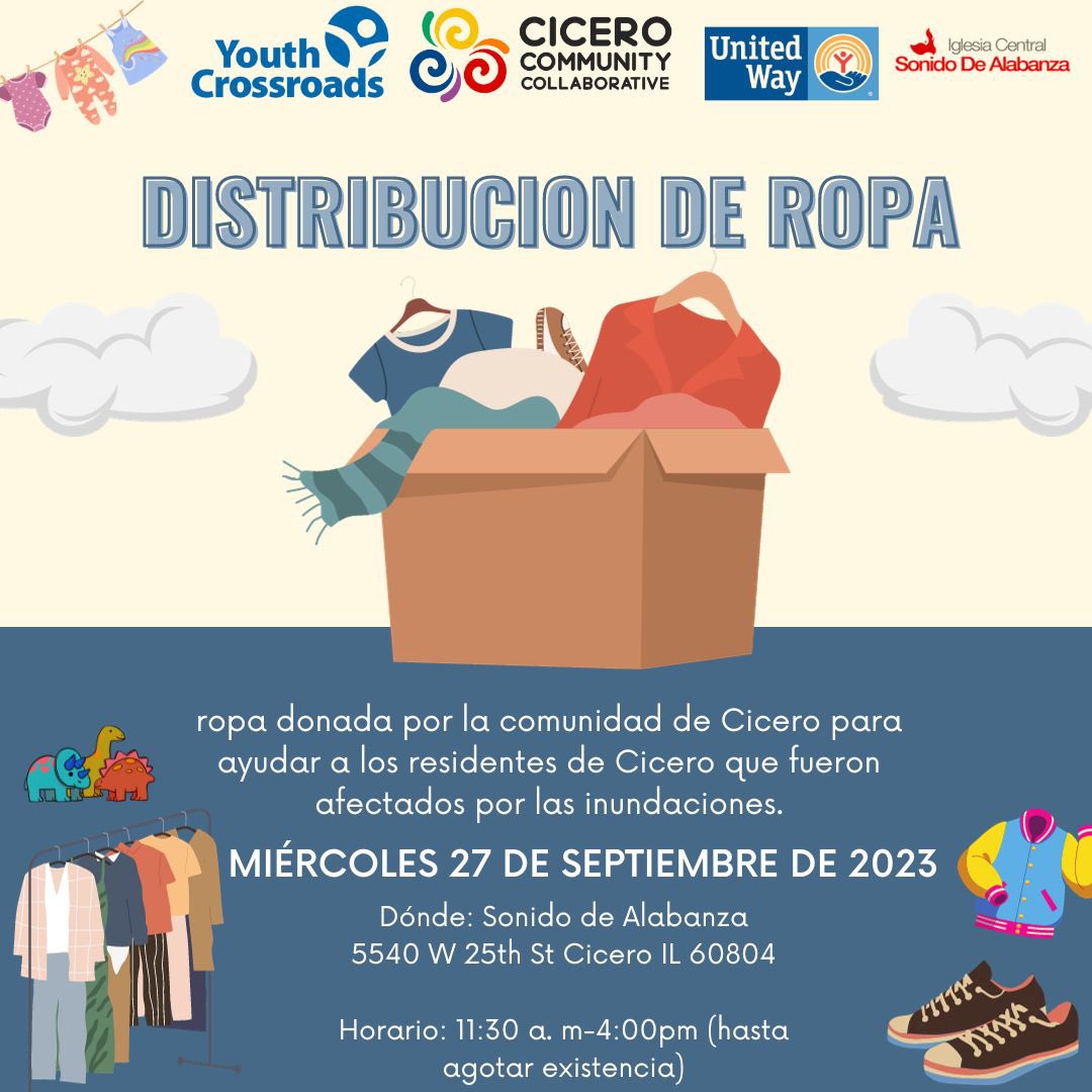CiceroCommunity's tweet photo. Tomorrow! 

Clothing distribution that was donated by the Cicero community to help support the Cicero residents who were impacted by the floods.

Where: 5540 W 25th st Cicero 
Time: 11:30am-4:00pm (or until everything is gone) https://t.co/gcgcDz8gCp
