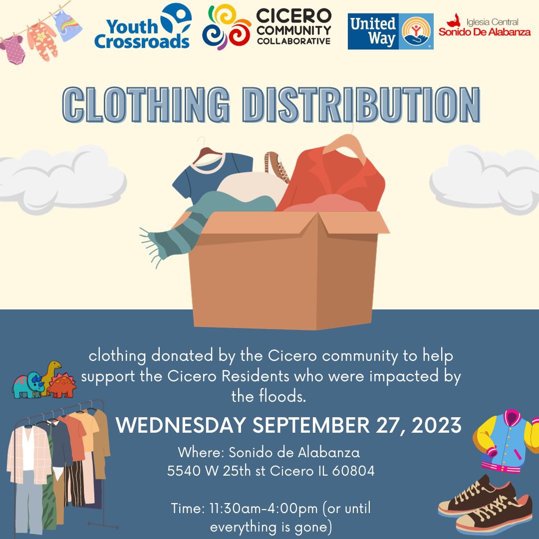 CiceroCommunity's tweet photo. Tomorrow! 

Clothing distribution that was donated by the Cicero community to help support the Cicero residents who were impacted by the floods.

Where: 5540 W 25th st Cicero 
Time: 11:30am-4:00pm (or until everything is gone) https://t.co/gcgcDz8gCp