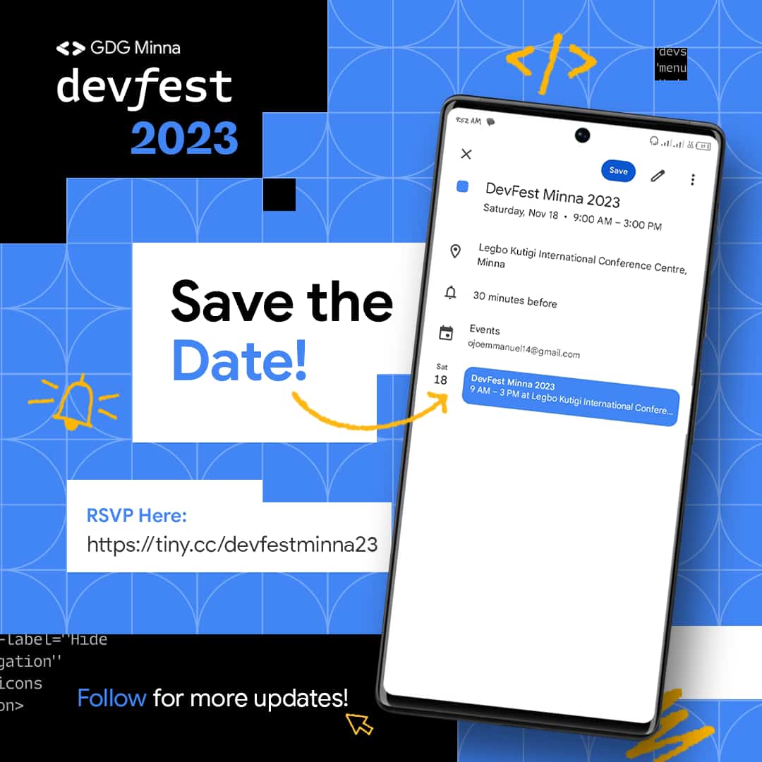 GDGMinna's tweet image. Why Attend #DevFestMinna 2023?

&amp;gt; Gain valuable insights from renowned speakers.
&amp;gt; Participate in interactive sessions.
&amp;gt; Connect with like-minded professionals and expand your network.
&amp;gt; Discover career opportunities and entrepreneurial insights.

#DevFestMinna
#DevFest