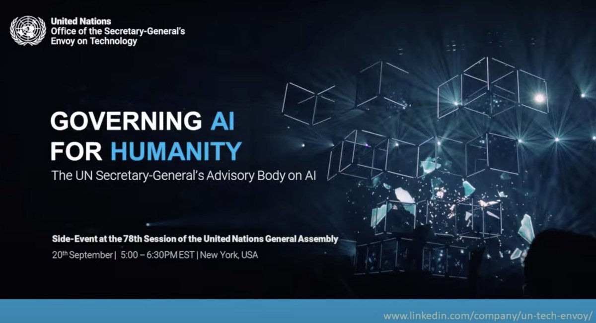 PJMFdn's tweet image. Last week, PJMF President @VilasDhar launched a discussion at #UNGA78’s Governing AI for Humanity by asking: How do we transform our world into one where we prioritize #techforpurpose over #techforprofit?

The panelists’ answers begin at 1:01:15: youtube.com/watch?v=-171Mo…
